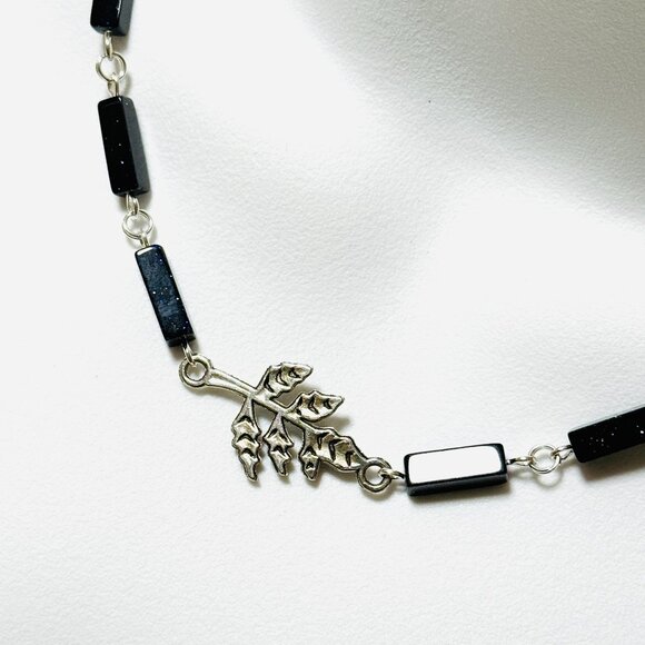 Dark Blue Goldstone Short Necklace w/ Silver Leaf Branch Pendant - Picture 1 of 14